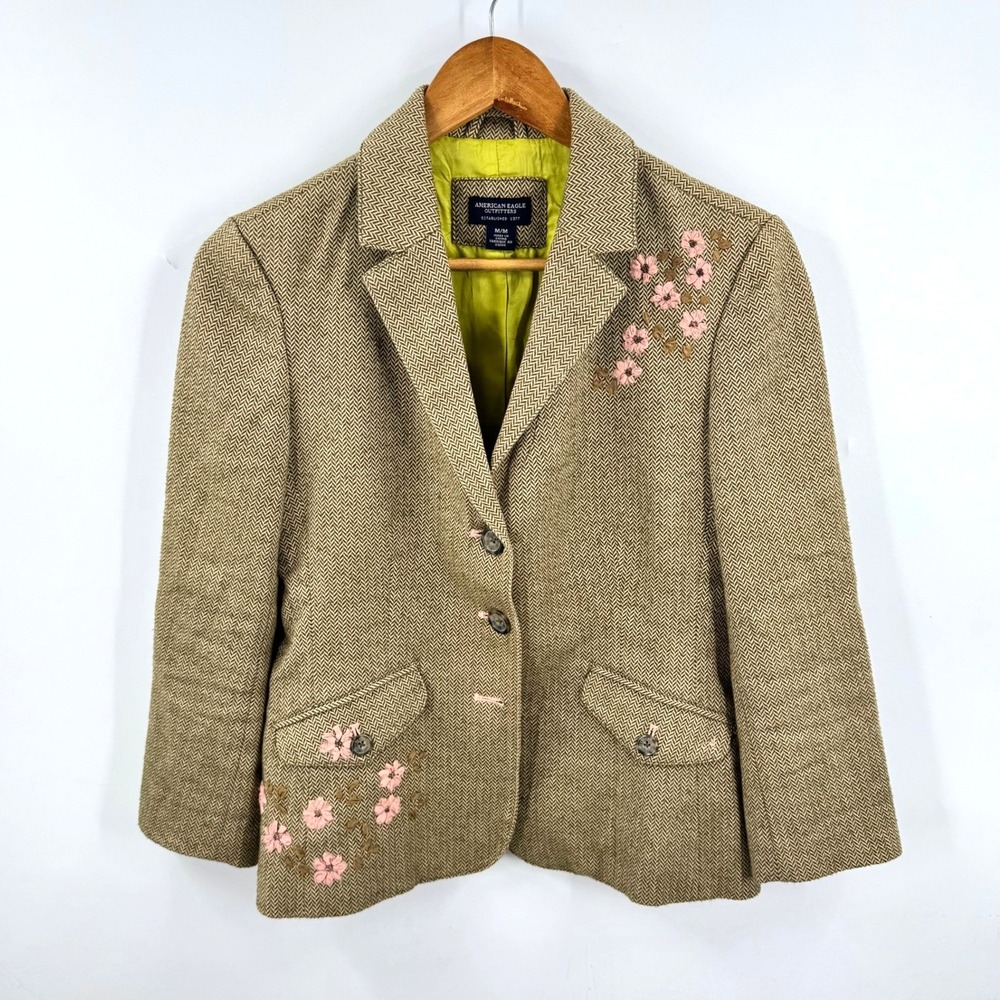 Vintage Y2K American Eagle Blazer Tan Herringbone Pink Floral Embroidered Size M